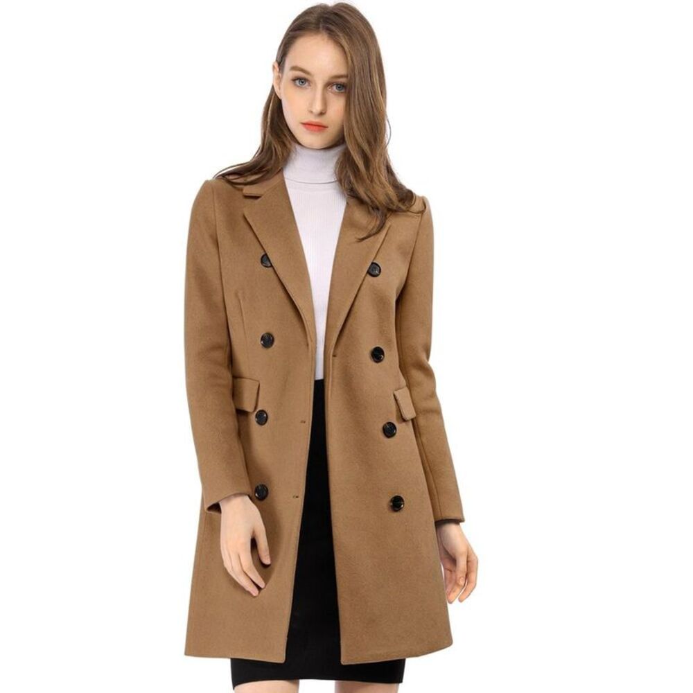 Women's Notched Lapel Double-Breasted Winter Trench Coat - Medium Camel